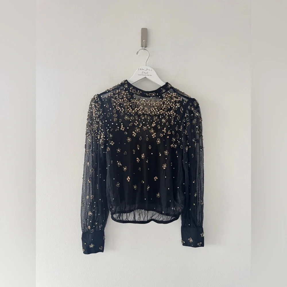 FARM RIO Mock Neck Sheer Embroidered Blouse